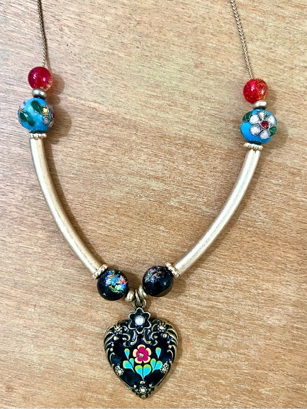 Floral Heart Pendant Necklace with Blue and Red Beads